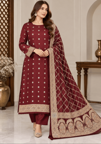 Maroon chiffon embroidered 3 piece unstitched suit front pose with embroidered dupatta