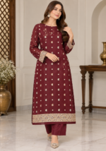 Maroon chiffon embroidered shirt front pose without dupatta