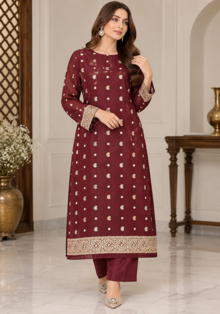 Maroon chiffon embroidered shirt front pose without dupatta