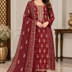 Maroon chiffon handwork 3 piece suit front pose with embroidered dupatta