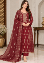 Maroon chiffon handwork 3 piece suit front pose with embroidered dupatta