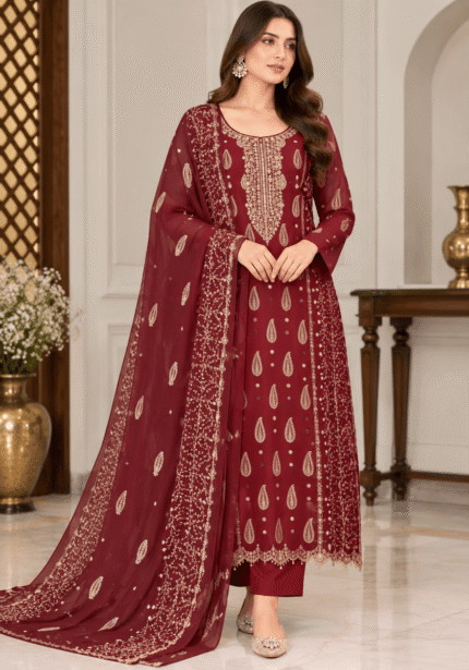 Maroon chiffon handwork 3 piece suit front pose with embroidered dupatta