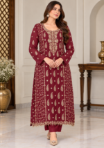 Maroon chiffon handwork embroidered shirt front without dupatta