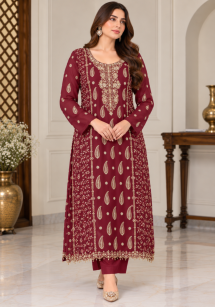 Maroon chiffon handwork embroidered shirt front without dupatta