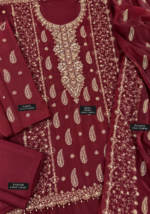 Maroon chiffon handwork unstitched suit fabric closeup with embroidered shirt sleeves and dupatta