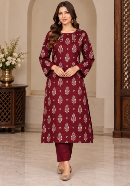 Maroon embroidered suit front pose without dupatta with floral motifs