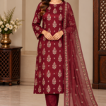 Maroon embroidered 3 piece suit with sheer floral dupatta