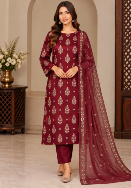 Maroon embroidered 3 piece suit with sheer floral dupatta