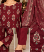 Closeup of maroon shirt with intricate floral embroidered motifs