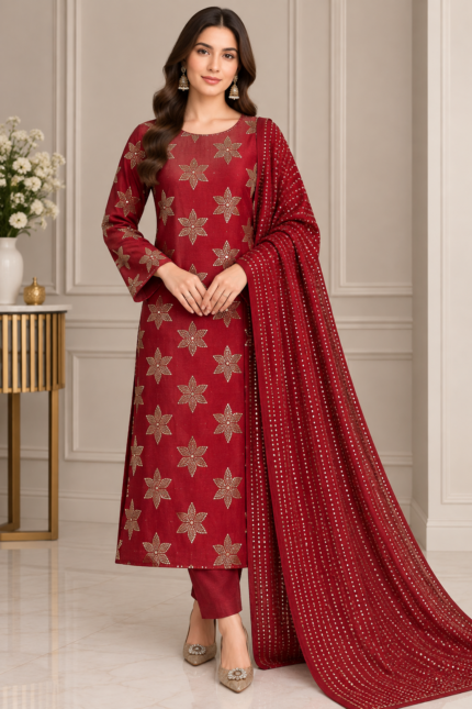 Maroon raw silk suit with matching raw silk mukaish dupatta