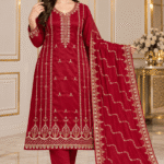 Maroon sheesha silk 3 piece unstitched suit with embroidered shirt sleeves trouser and matching dupatta