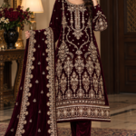 Maroon velvet embroidered 3 piece suit with detailed handwork and matching dupatta