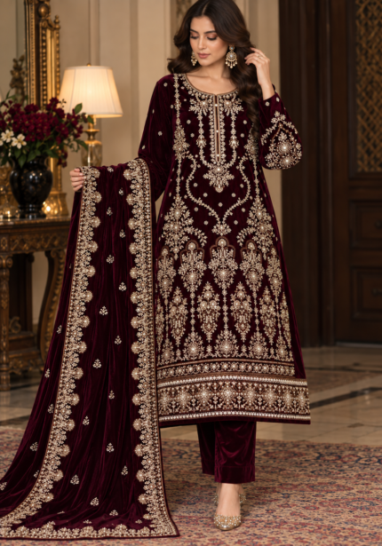 Maroon velvet embroidered 3 piece suit with detailed handwork and matching dupatta