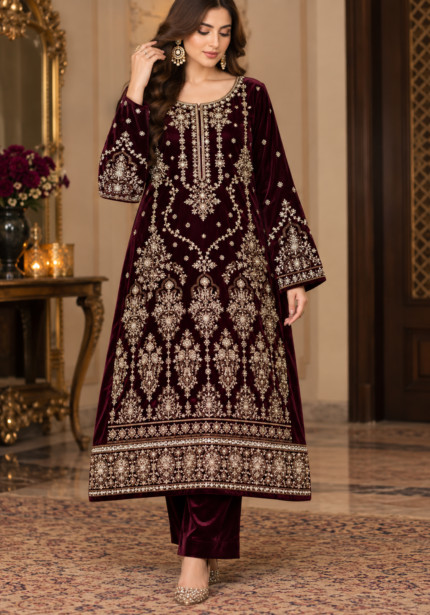 Maroon velvet embroidered 3 piece suit without shawl featuring detailed gold and silver handwork