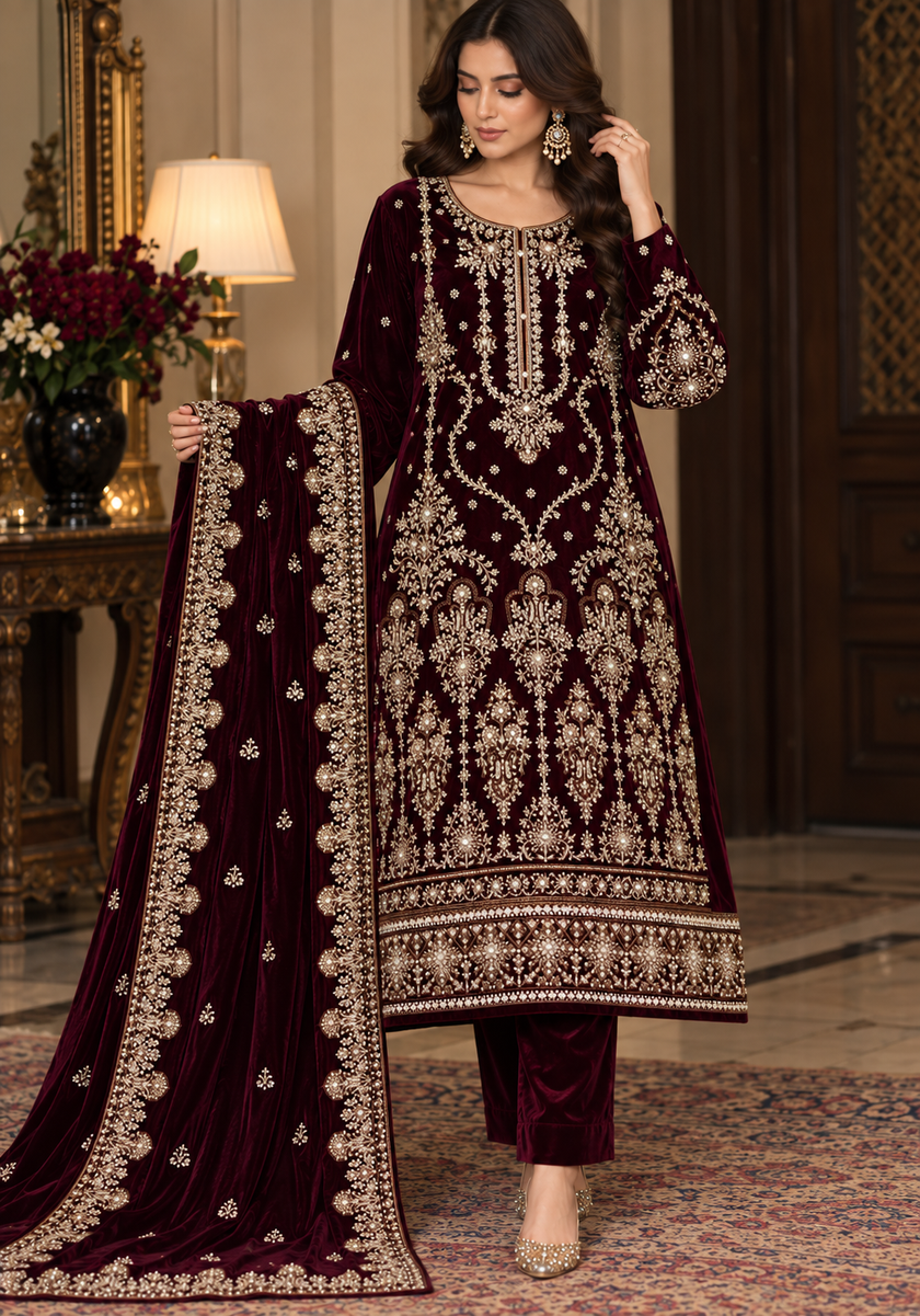 Maroon Velvet Embroidered 3 Piece Suit Maroon velvet embroidered 3 piece suit with detailed handwork and matching dupatta