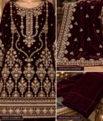 Closeup of maroon velvet embroidered shirt, heavily embellished dupatta and matching trouser