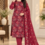 Maroon embroidered net 3 piece unstitched suit with floral embroidery and matching dupatta