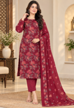 Maroon embroidered net 3 piece unstitched suit with floral embroidery and matching dupatta