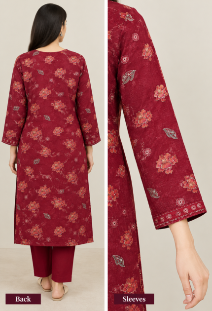 Maroon embroidered net 3 piece unstitched suit with floral embroidery and matching dupatta