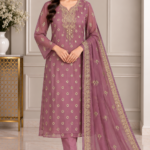 Mauve chiffon 3 piece suit with matching embroidered chiffon dupatta