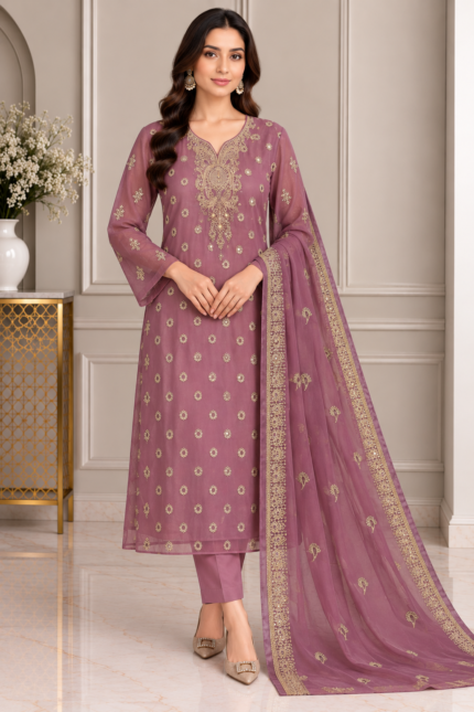 Mauve chiffon 3 piece suit with matching embroidered chiffon dupatta
