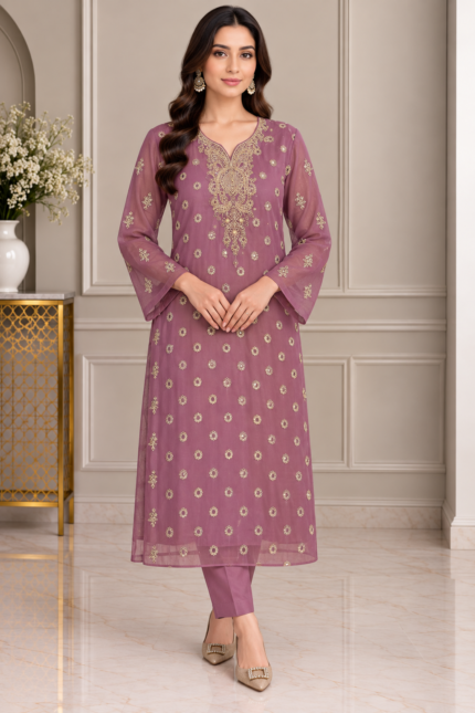 Mauve chiffon suit with gold embroidered neckline and matching trousers