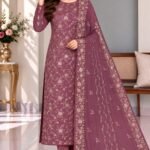 Mauve Shafoon 3-piece unstitched suit with embroidered shirt, matching trouser and embroidered dupatta