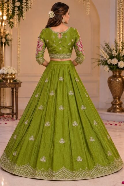 Mehndi Green Handmade Embroidered Lehnga Choli with Dupatta