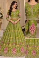 Mehndi Green Handmade Embroidered Lehnga Choli with Dupatta - Image 3