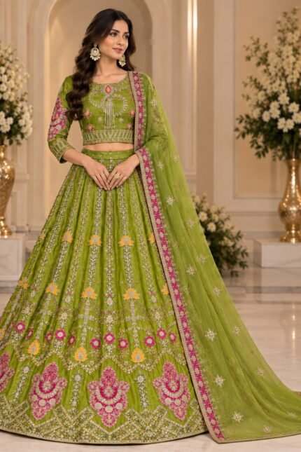Mehndi Green Handmade Embroidered Lehnga Choli with Dupatta
