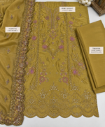 Mustard gold silk unstitched suit with matching embroidered dupatta