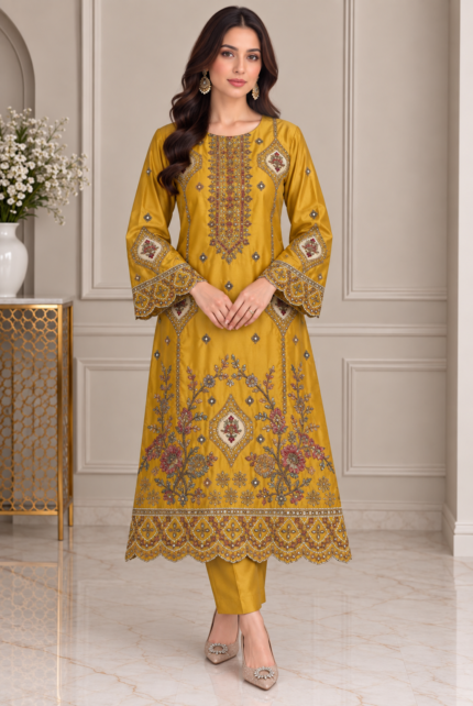 Mustard gold silk embroidered shirt with matching trouser and dupatta