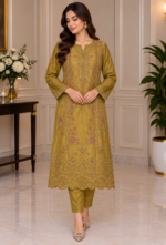 Mustard gold silk 3-piece unstitched suit with embroidered shirt front