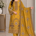 Mustard gold silk suit styled with matching embroidered silk dupatta