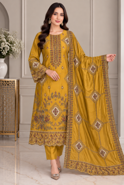 Mustard gold silk suit styled with matching embroidered silk dupatta