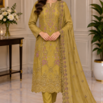 Mustard gold silk unstitched suit with matching embroidered dupatta