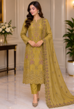 Mustard gold silk unstitched suit with matching embroidered dupatta