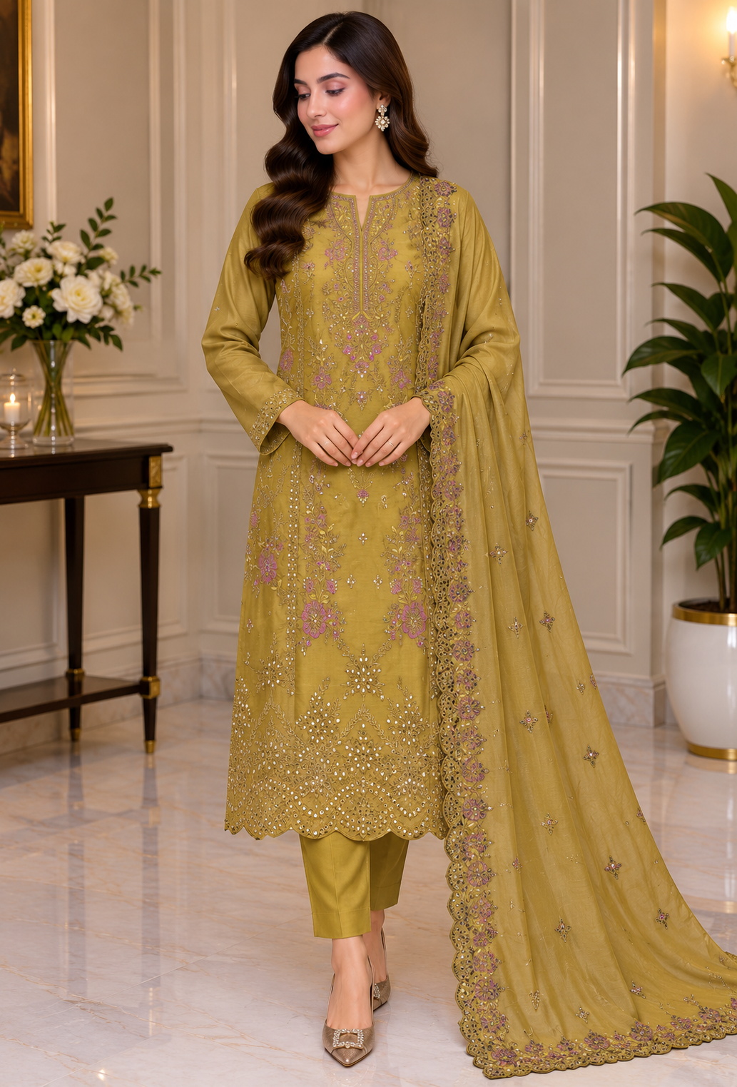 Mustard Gold Silk Suit with Embroidered Dupatta Mustard gold silk unstitched suit with matching embroidered dupatta