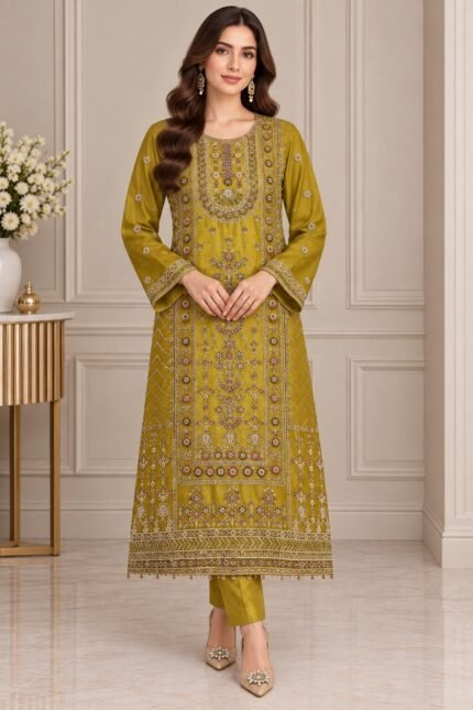 Mustard olive sheesha silk embroidered suit with matching trouser and elegant dupatta