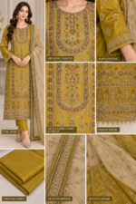Sheesha silk suit close up showing neckline embroidery sleeves dupatta border trouser and fabric details
