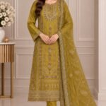 Mustard olive sheesha silk suit with matching embroidered net dupatta