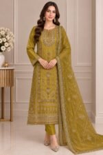 Mustard olive sheesha silk suit with matching embroidered net dupatta