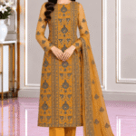 Mustard orange chiffon embroidered 3 piece Pakistani suit