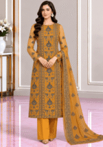 Mustard orange chiffon embroidered 3 piece Pakistani suit