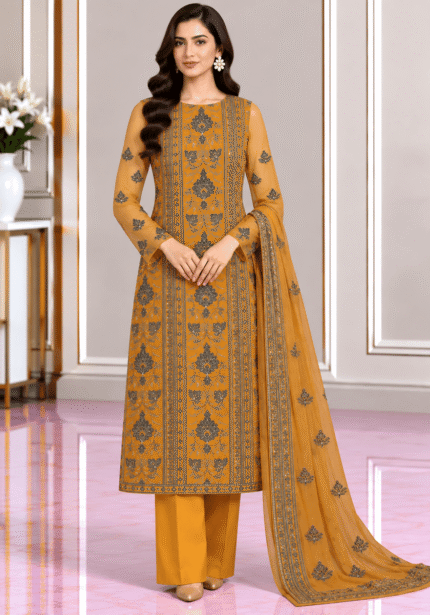 Mustard orange chiffon embroidered 3 piece Pakistani suit