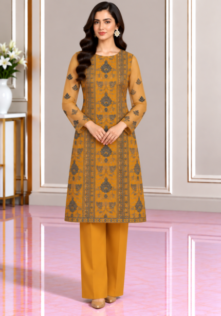 Mustard orange chiffon handwork 3 piece unstitched suit front pose