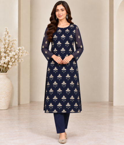 Model wearing navy blue chiffon embroidered 3 piece suit front view without dupatta