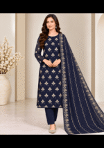 Model wearing a navy blue chiffon 3 piece suit with embroidered dupatta, front view