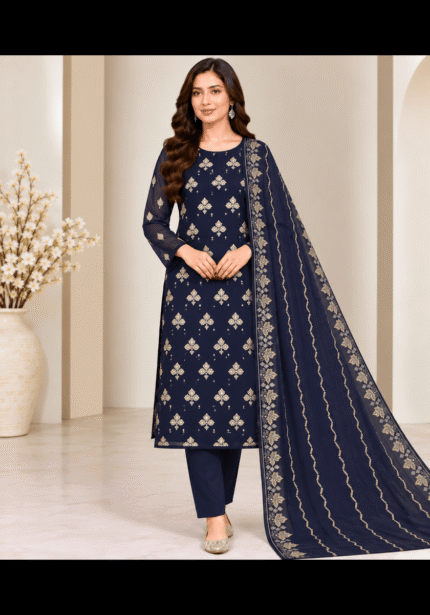 Model wearing a navy blue chiffon 3 piece suit with embroidered dupatta, front view