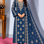 Navy blue embroidered silk 3 piece Pakistani suit with chiffon dupatta